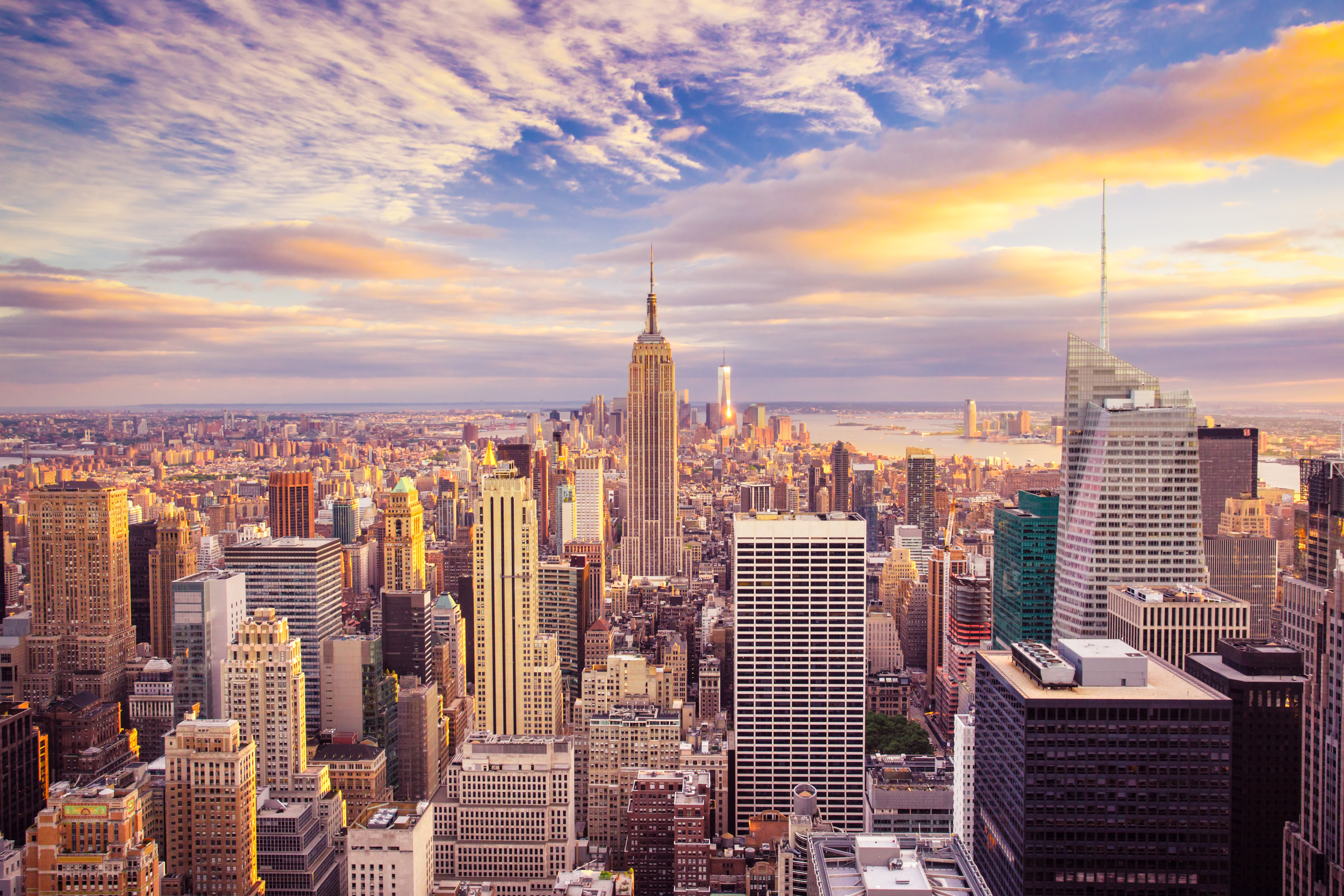 New York City skyline at golden hour with Empire State Building